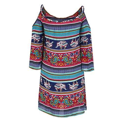 TOPKEAL Mini Vestido de Estilo Étnico de Tallas Grandes para Mujer Vestido Juvenil Hombro Boho a Rayas Manga Larga