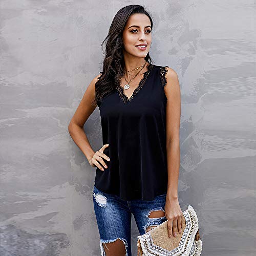 Tops sin Mangas de Encaje sin Mangas para Mujer Pestañas con Cuello en v Camisas sin Mangas fluidas Ocasionales (Negro, Large)