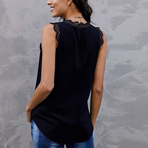 Tops sin Mangas de Encaje sin Mangas para Mujer Pestañas con Cuello en v Camisas sin Mangas fluidas Ocasionales (Negro, Large)