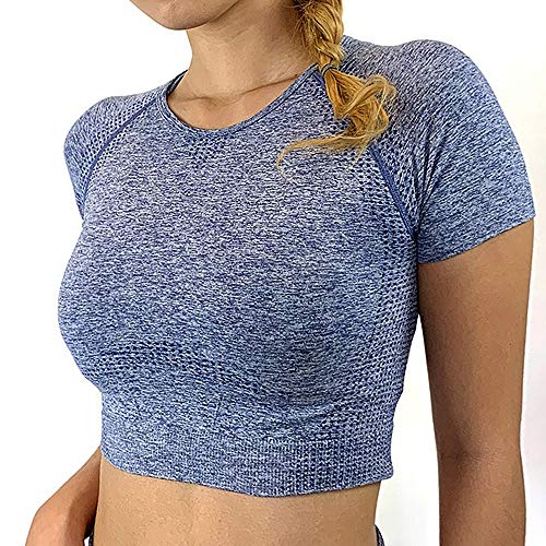 Tops Yoga Camiseta Deportiva Sin Costura Mangas Larga Fitness Mujer Gimnasio Sin Relleno #4 Azul S