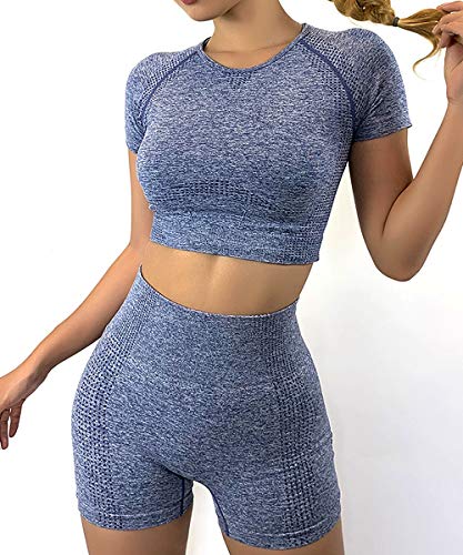 Tops Yoga Camiseta Deportiva Sin Costura Mangas Larga Fitness Mujer Gimnasio Sin Relleno #4 Azul S