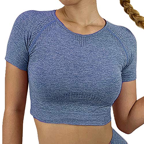 Tops Yoga Camiseta Deportiva Sin Costura Mangas Larga Fitness Mujer Gimnasio Sin Relleno #4 Azul S