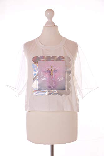 TP-141-2 - Camiseta con diseño de cruz y holograma de Jesús, tul, transparente, manga corta, color blanco