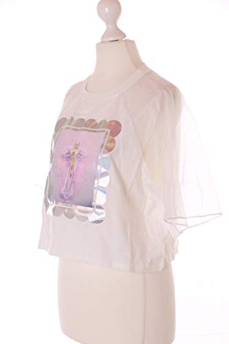 TP-141-2 - Camiseta con diseño de cruz y holograma de Jesús, tul, transparente, manga corta, color blanco