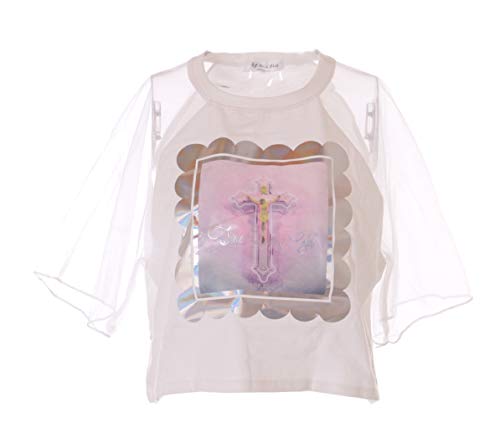TP-141-2 - Camiseta con diseño de cruz y holograma de Jesús, tul, transparente, manga corta, color blanco