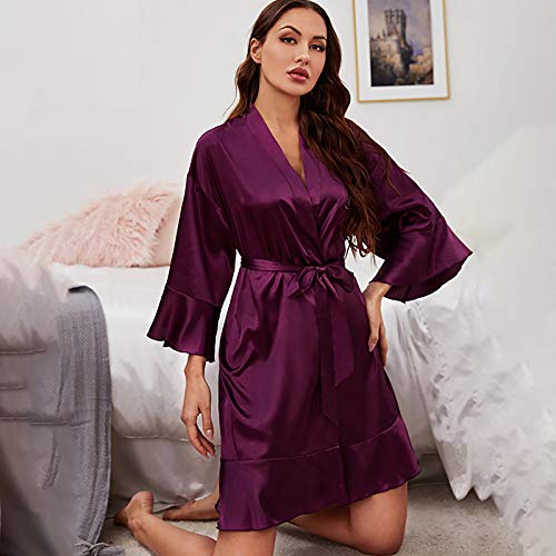 TR-yisheng Albornoz de Mujer, Bata de mañana Pijama cárdigan de Seda de Hielo Sexy y Ropa de hogar en Cuatro Colores (Morado, Negro, Rojo, Rosa)