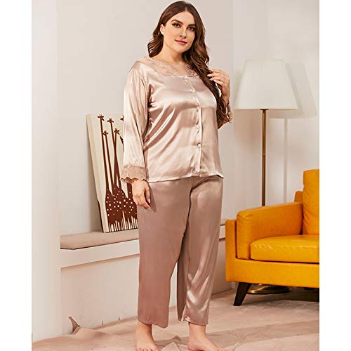 TR-yisheng Pijamas de Mujer, Conjunto de Pijamas de Mujer con Cuello en V de Encaje Sexy Suelto de Gran tamaño (Mangas largas + Pantalones) Conjunto de Servicio a Domicilio