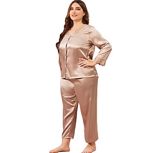 TR-yisheng Pijamas de Mujer, Conjunto de Pijamas de Mujer con Cuello en V de Encaje Sexy Suelto de Gran tamaño (Mangas largas + Pantalones) Conjunto de Servicio a Domicilio