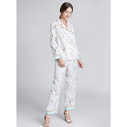 TR-yisheng Pijamas para Mujer, Conjunto de Pijamas de Seda para Mujer con Estampado Floral Blanco (Manga Larga + Pantalones) Conjunto de Ropa Informal para el hogar