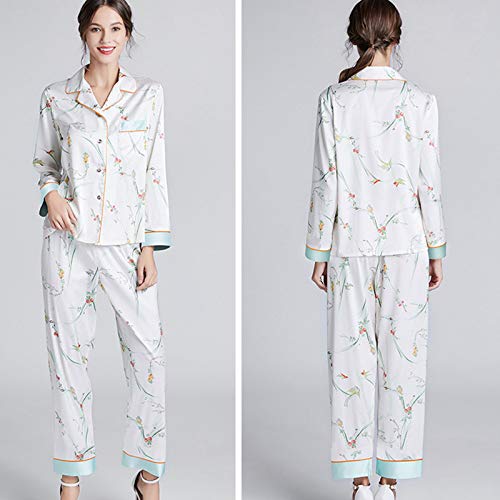 TR-yisheng Pijamas para Mujer, Conjunto de Pijamas de Seda para Mujer con Estampado Floral Blanco (Manga Larga + Pantalones) Conjunto de Ropa Informal para el hogar