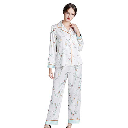 TR-yisheng Pijamas para Mujer, Conjunto de Pijamas de Seda para Mujer con Estampado Floral Blanco (Manga Larga + Pantalones) Conjunto de Ropa Informal para el hogar