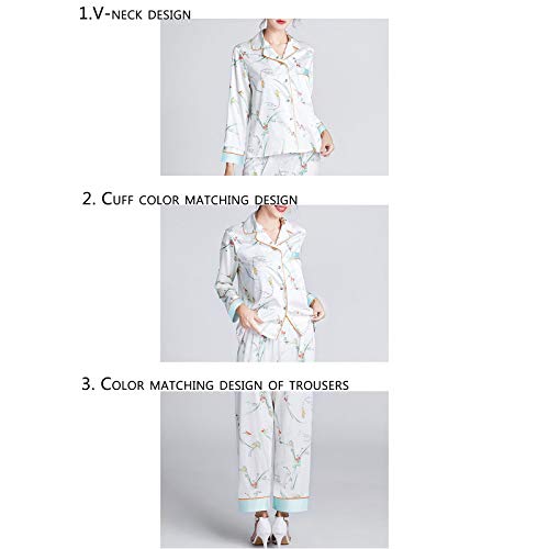 TR-yisheng Pijamas para Mujer, Conjunto de Pijamas de Seda para Mujer con Estampado Floral Blanco (Manga Larga + Pantalones) Conjunto de Ropa Informal para el hogar