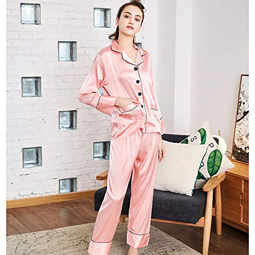 TR-yisheng Pijamas para Mujer, Conjunto de Pijamas de Seda Rosa para Mujer de Dos Piezas (Mangas largas + Pantalones) Conjunto de Ropa Informal para el hogar