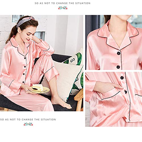 TR-yisheng Pijamas para Mujer, Conjunto de Pijamas de Seda Rosa para Mujer de Dos Piezas (Mangas largas + Pantalones) Conjunto de Ropa Informal para el hogar