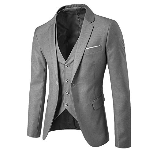 Traje de 3 Piezas con Chaqueta, Chaleco y Pantalones para Hombre, Slim Fit, Ajuste Moderno, Fiesta Bodas Negocio Oficina Traje Blazer Abrigo Hombre Chaqueta Esmoquin Manga Larga (M, Gris)