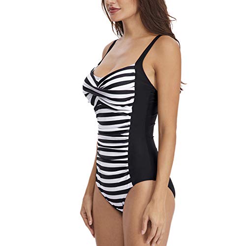 Traje de Baño Acolchado de Una Pieza para Reducir Barriga, Bañadores Mujer Reductores con Estampado Floral/Rayas, Elegante Push Up Monokini Raya 2 XXL