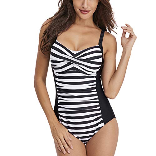 Traje de Baño Acolchado de Una Pieza para Reducir Barriga, Bañadores Mujer Reductores con Estampado Floral/Rayas, Elegante Push Up Monokini Raya 2 XXL