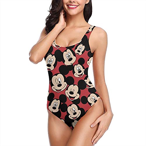 Traje de baño de una Pieza de Mickey Mouse Minnie para Mujer, bañador de Playa con Cuello en U, Estampado de Espalda Baja, Trajes Sexis, Blanco