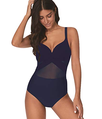 Traje de Baño Mujer Bañador Escote V Vientre Plano Una Pieza Rayas Bañadores Playa Natacion Mujer Bikinis con Relleno Monokini Bikini Push Up Señora Trajes de Baño Enteros Piscina Biquini Marino L