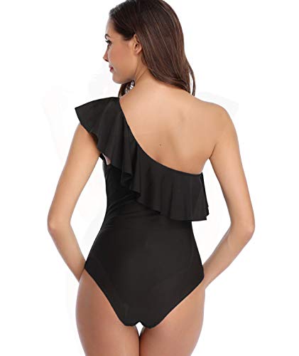 Traje de Baño Mujer Bañador Vientre Plano Una Pieza Bañadores sin Tirantes Playa Natacion Mujer con Volantes Bikinis con Relleno Monokini Bikini Push Up Señora Trajes de Baño Enteros Trikini Negro S
