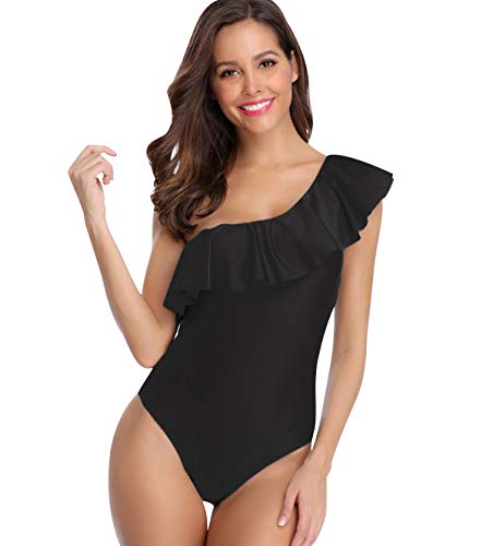 Traje de Baño Mujer Bañador Vientre Plano Una Pieza Bañadores sin Tirantes Playa Natacion Mujer con Volantes Bikinis con Relleno Monokini Bikini Push Up Señora Trajes de Baño Enteros Trikini Negro S
