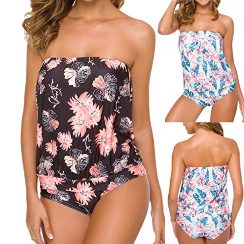 Traje de Baño Mujer Dos Piezas Sexy 2019 Bikini Brasileña Push Up con Relleno Bañadores Enteros Bandeau Palabra de Honor Tanga Cintura Alta Tankinis Sin Tirantes Playa (Negro, XL)