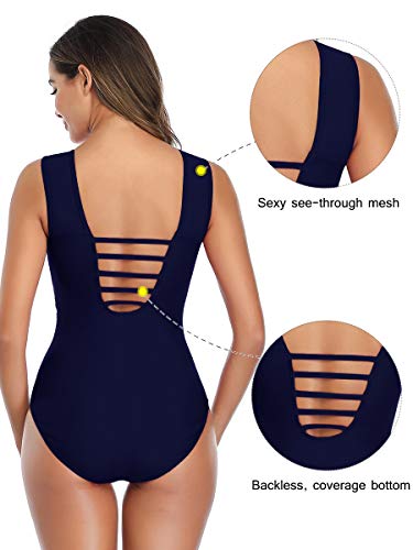 Traje de Baño Mujer Una Pieza con Cuello Redondo Sexy de Playa Azul Oscuro 2XL