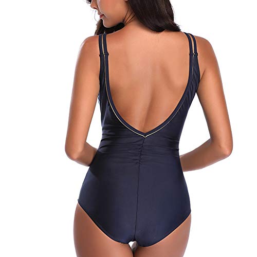 Traje de Baño Mujer una Pieza Sexy V-Cuello Bañador Natacion Tallas Grandes Push Up Trajes de Baño Monokini Azul 3XL