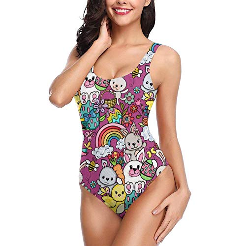 Traje De Baño Mujer Una Pieza,Traje De Baño Mujer Una Pieza Alta Cintura Sexy Push Up Halter Bañador - Entero Bañadores Con Vientre Plano Reductores - Acolchados - Conejo Y Huevos De Pascua Color