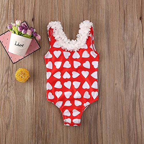 Traje de Baño para Bebé Niña Recién Nacida Bañador con Volantes en Cuello Mono de Cuerpo Mameluco sin Mangas con Estampado de Corazones (Rojo, 3-4 Años)