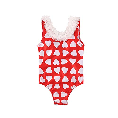 Traje de Baño para Bebé Niña Recién Nacida Bañador con Volantes en Cuello Mono de Cuerpo Mameluco sin Mangas con Estampado de Corazones (Rojo, 3-4 Años)