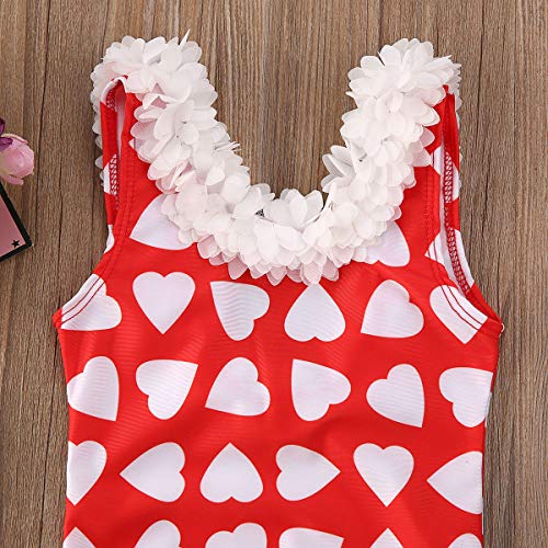 Traje de Baño para Bebé Niña Recién Nacida Bañador con Volantes en Cuello Mono de Cuerpo Mameluco sin Mangas con Estampado de Corazones (Rojo, 3-4 Años)