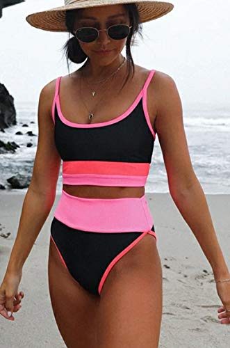 Traje De Baño para Mujer Color Block Push Up Bañador de Cintura Alta a Rayas con Control de Abdomen Conjuntos de Bikini de Dos Piezas