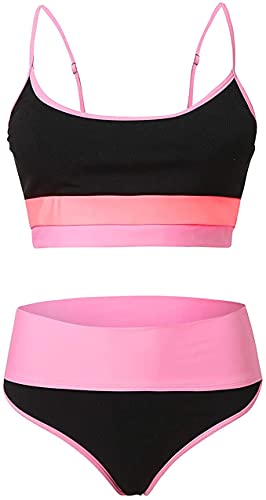 Traje De Baño para Mujer Color Block Push Up Bañador de Cintura Alta a Rayas con Control de Abdomen Conjuntos de Bikini de Dos Piezas