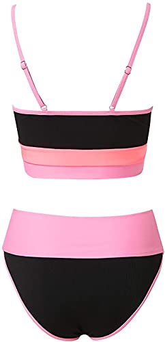 Traje De Baño para Mujer Color Block Push Up Bañador de Cintura Alta a Rayas con Control de Abdomen Conjuntos de Bikini de Dos Piezas