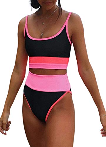 Traje De Baño para Mujer Color Block Push Up Bañador de Cintura Alta a Rayas con Control de Abdomen Conjuntos de Bikini de Dos Piezas
