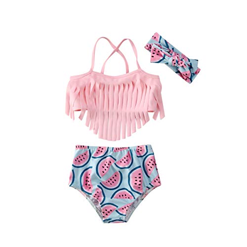 Traje de Baño para Niñas Dos Piezas con Estampado de Sandía para Bebé Recién Nacido y Niñas Tankini con Borlas con Diadema Bañador Bikini Mameluco de Natación para Pequeñas (Rosa, 6-12 Meses)