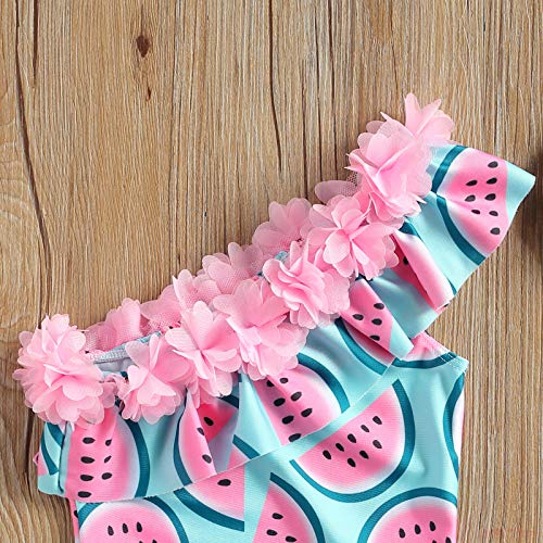 Traje de Baño para Niñas Flor Bañador Bikini con Estampado de Girasol Sandía Piña Hombro Oblicuo Cuello con Volantes para Bebés Mameluco de Natación Regalo Playa Verano (Sandía Rosa, 1-2 Años)