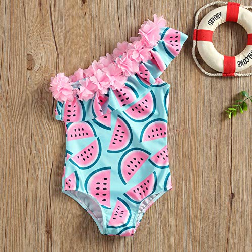 Traje de Baño para Niñas Flor Bañador Bikini con Estampado de Girasol Sandía Piña Hombro Oblicuo Cuello con Volantes para Bebés Mameluco de Natación Regalo Playa Verano (Sandía Rosa, 1-2 Años)
