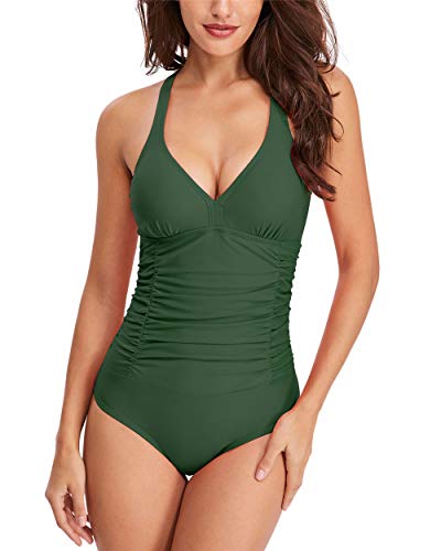 Traje de Baño Una Pieza para Mujer, Morbuy Verano Sexy Cuello en V Cintura Alta Bañador de Mujer Elegante Talla Grande Bikini Hombro Ajustable Ropa de Baño con Relleno (M,Verde Militar)