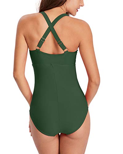 Traje de Baño Una Pieza para Mujer, Morbuy Verano Sexy Cuello en V Cintura Alta Bañador de Mujer Elegante Talla Grande Bikini Hombro Ajustable Ropa de Baño con Relleno (M,Verde Militar)