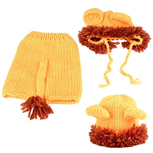 Traje de lana recién nacido Forma animal Amarillo Pequeño León Suave hecho a mano Crochet Bebé Sombrero Accesorios de fotografía Conjunto de 0-12 meses