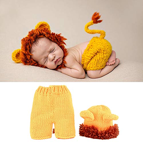 Traje de lana recién nacido Forma animal Amarillo Pequeño León Suave hecho a mano Crochet Bebé Sombrero Accesorios de fotografía Conjunto de 0-12 meses