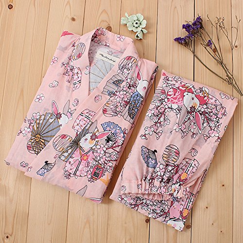 Traje de Pijama de Albornoz Yukata para Mujer Kimono Robe [Rosa rezo de Conejos]