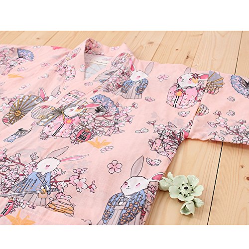 Traje de Pijama de Albornoz Yukata para Mujer Kimono Robe [Rosa rezo de Conejos]