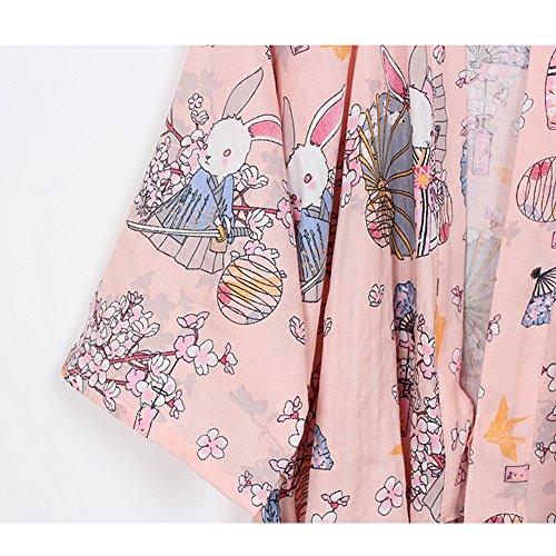 Traje de Pijama de Albornoz Yukata para Mujer Kimono Robe [Rosa rezo de Conejos]