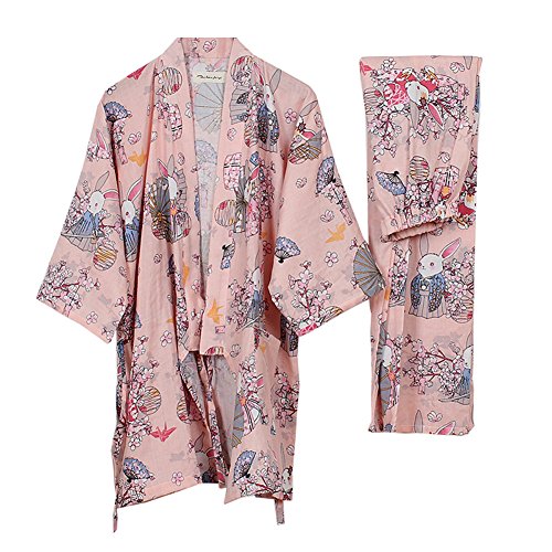 Traje de Pijama de Albornoz Yukata para Mujer Kimono Robe [Rosa rezo de Conejos]