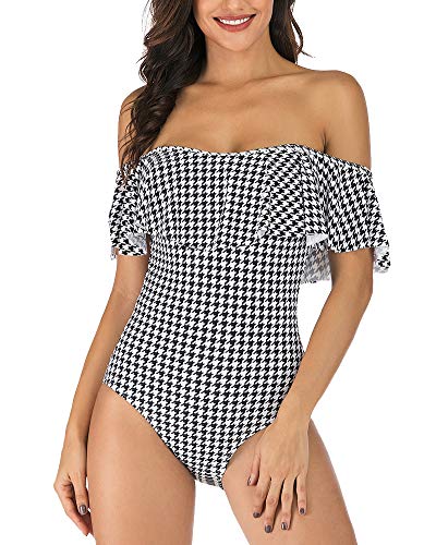 Trajes de Baña para Mujer, con Volante, Estampado Floral/Color Liso, Push Up, Bañadores de Una Pieza, Ropa de Baño Elegante con Hombros Descubiertos, Ropa de Playa Tallas Grandes Pata de Gallo XL