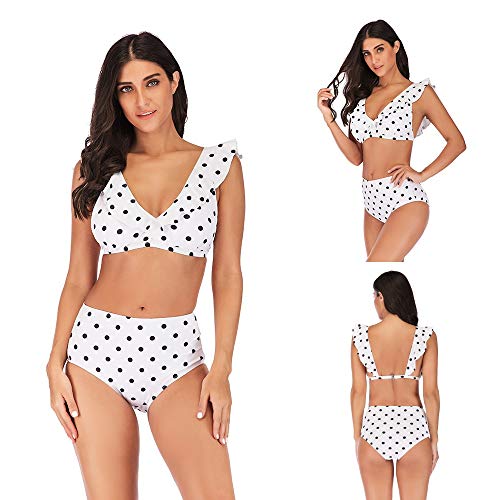 Trajes de baño de 2 piezas, Bikini de talle alto para mujer, tamaño extra grande, dos lunares, traje de baño, volantes, volantes, acolchado, push up, camiseta sin mangas con traje de baño en la parte