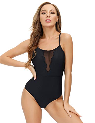 Trajes de baño de una Pieza para Mujer Bañador de de Malla Transparente Negro M